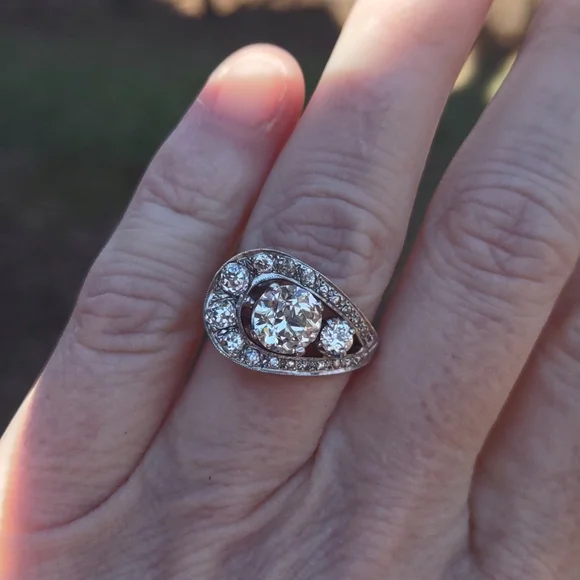 Old European cut diamond ring 14kt white gold U design - Picture 16 of 17